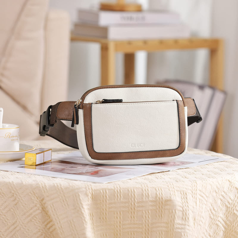 CLUCI Fanny Packs for Women Cross body, Belt Bag for Women, Mini Everywhere Crossbody Waist Bag Adjustable Strap, Vegan Leather Women's Fanny Pack A-0 Off white with brown