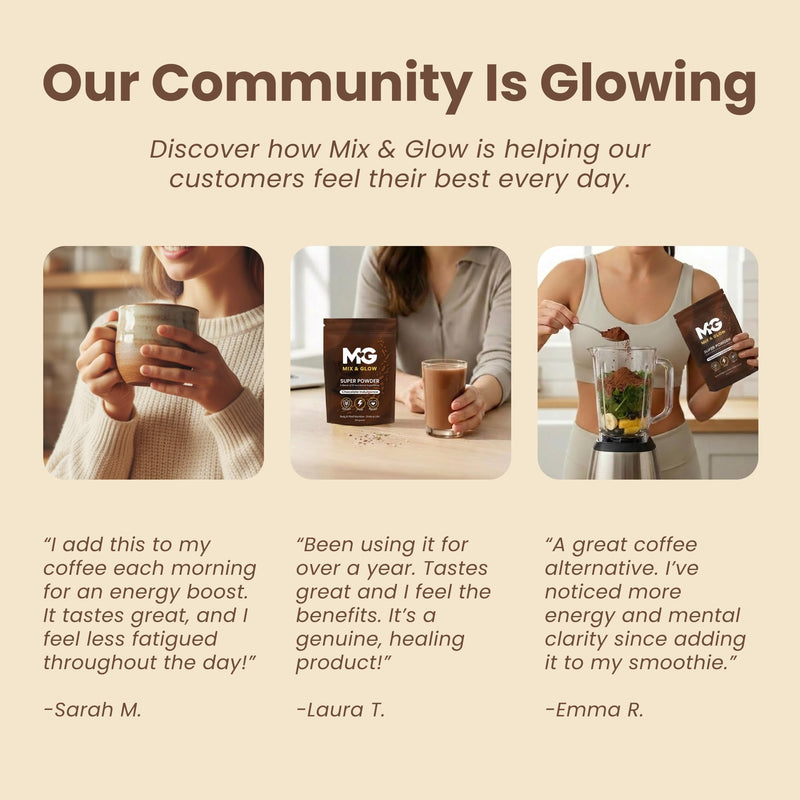 Mix & Glow Super Powder | 16 Advanced Superfoods, Prebiotic Herbs, Greens and Adaptogens Including Turmeric, MCT Oil & Cacao | Vegan & Gluten Free | 30 Servings | Chocolate Indulgence