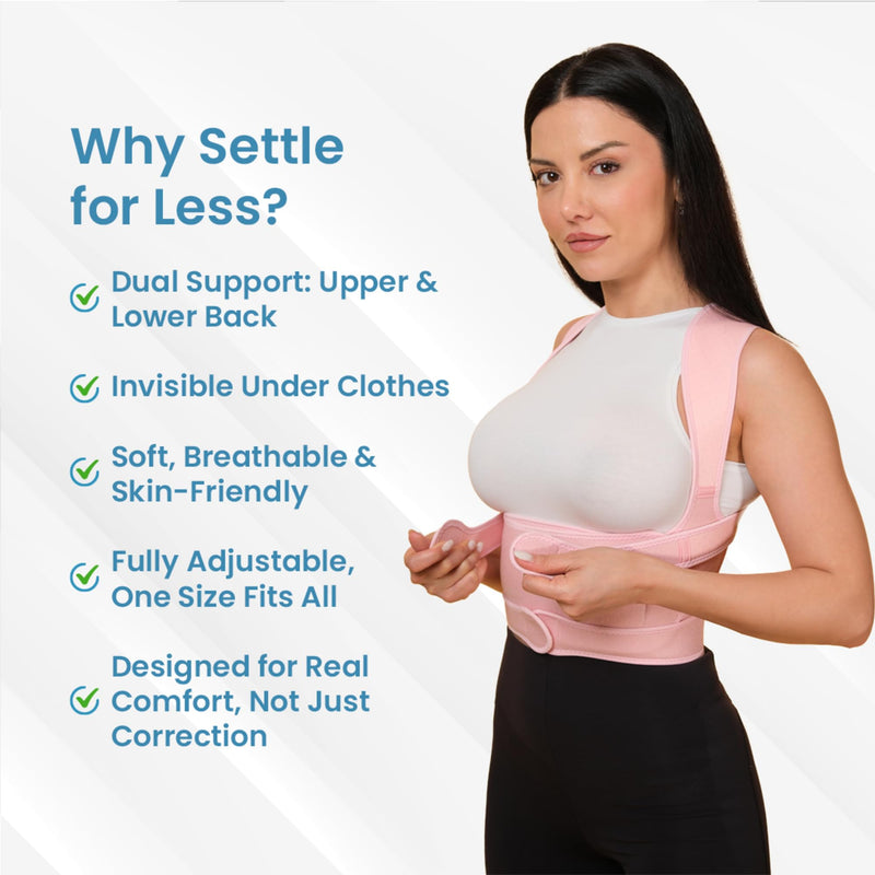 Back Brace Posture Corrector for Men & Women - Adjustable, Breathable, Improves Posture, Reduces Neck & Back Pain - Lightweight Unisex Design for Office and Home Use (Pink, Medium) Pink