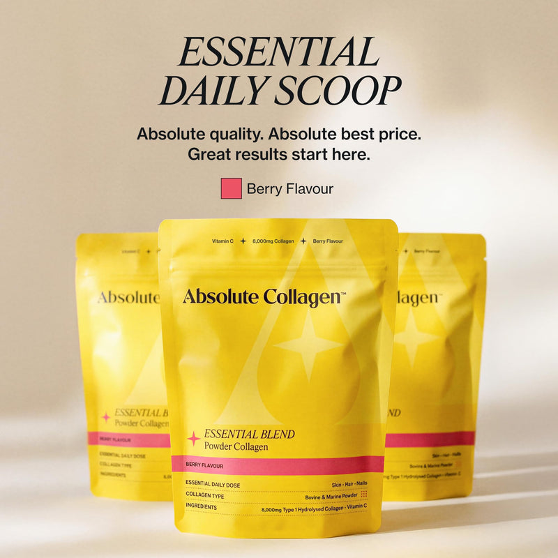 Absolute Collagen Essential Blend Halal Powder Collagen | Berry Flavour | 8000mg Collagen (5000mg Bovine & 3000mg Marine) | 60mg Vitamin C | Supports Hair, Nail & Skin Health | 4 Week Supply