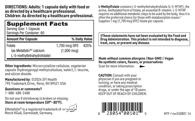 Klaire Labs SFI Health L-Methylfolate, 60 Capsules | 1000 mcg Folate Highly Bioavailable, Hypoallergenic 1000 Micrograms (1 Milligram) Metafolin L-5-MTHF