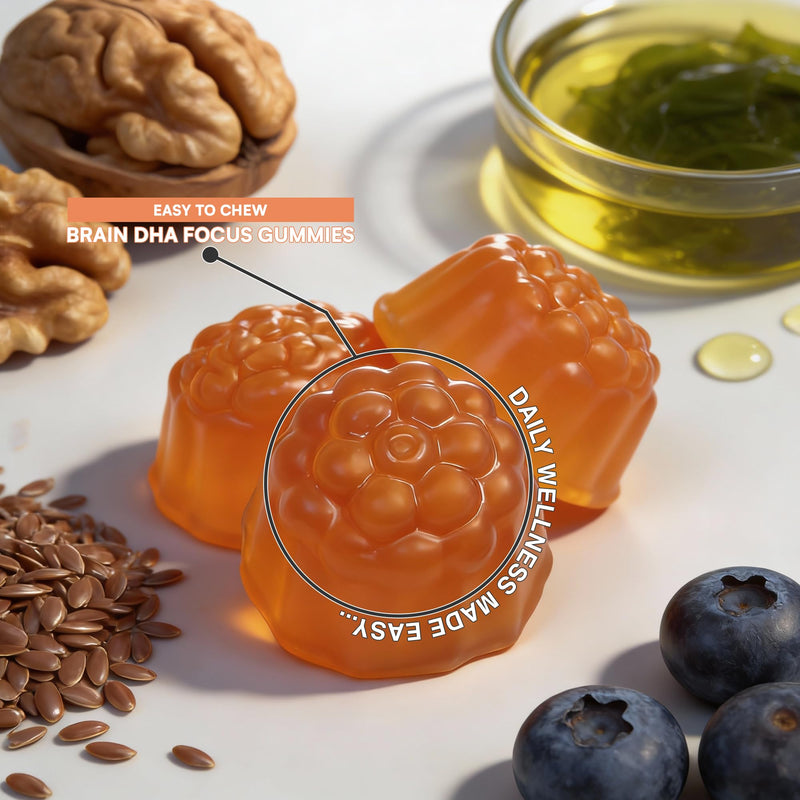 Brain DHA Focus Gummies | 60 Vegan Gummies | Omega 3 DHA from Algae Oil, Choline, B12, Iodine & K2 MK-7 | Peach & Mango Flavour | Brain & Cognitive Support | 30 Days Supply | UK Made | by NutriVolv