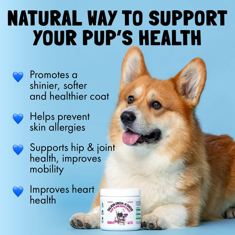 Omega 3 Alaskan Salmon Oil Treats for Dogs 120 Fish Oil Chew Supplement Skin and Coat Allergy and Itch Relief Hip & Joint Health Brain Shedding Hot Spots Treatment Omega 3 6 9 EPA & DHA Fatty Acids 120pcs - PawsPlanet Australia