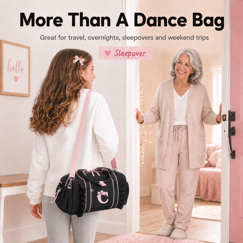 LEDAOU Dance Bag for Girls, Initial Ballet Duffle, Travel and Overnight Bag | 13-inch personalized dance duffle with 2 compartments, wet-dry pocket and adjustable strap for travel, overnights and gifts. Black Initial C