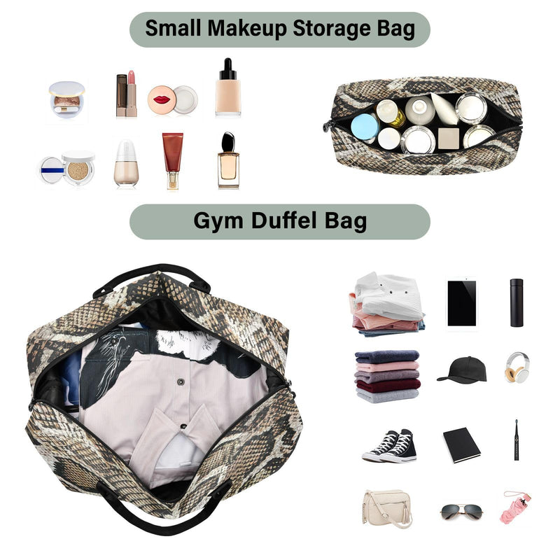 Aflyko Animal Print Travel Duffel Bag Snakeskin Dark Brown Sport Tote Gym Bag Weekender Overnight Bag for Men Women Flight Approved Carry On Bag Fitness Dance Go-To Bag Daily Bag Multi-019