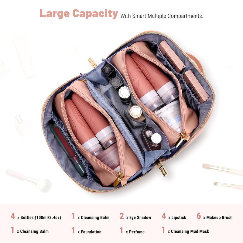 BOYATU Personalized Travel Makeup Bag: 3-in-1 Cosmetic Bag Gift for Women | Initial Make up Bag Organizer - Custom Letters A-Z - Flat Open Portable Toiletry Bag for Birthday Graduation Anniversary Pink H