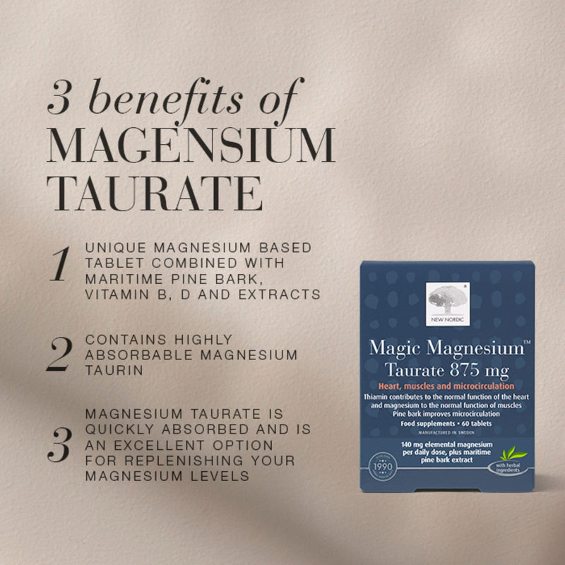 New Nordic Magic Magnesium Taurate 875mg, 1 Month Supply, B Vitamins, Vitamin D & Maritime Pine Bark, 60 Tablets