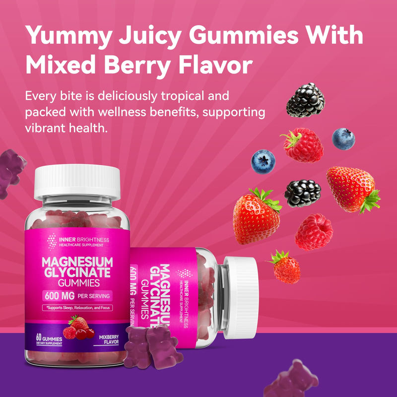 [Australia] - Magnesium Glycinate Gummies 600mg, Non-GMO, Gluten-Free, Magnesium Gummies for Adults & Kids, Sleep, Relaxation & Focus, Mixed Berry Flavor, 60 Count 60 Count (Pack of 1) 