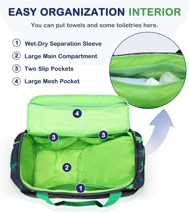 Kids Duffle Bag,VASCHY Travel Bag for Toddler Children Boys Water Resistant Overnight Duffel Ballet Dance Sport Carry On Weekender Bag with Shoes Compartment Dry Wet Pocket Green Dinosaur