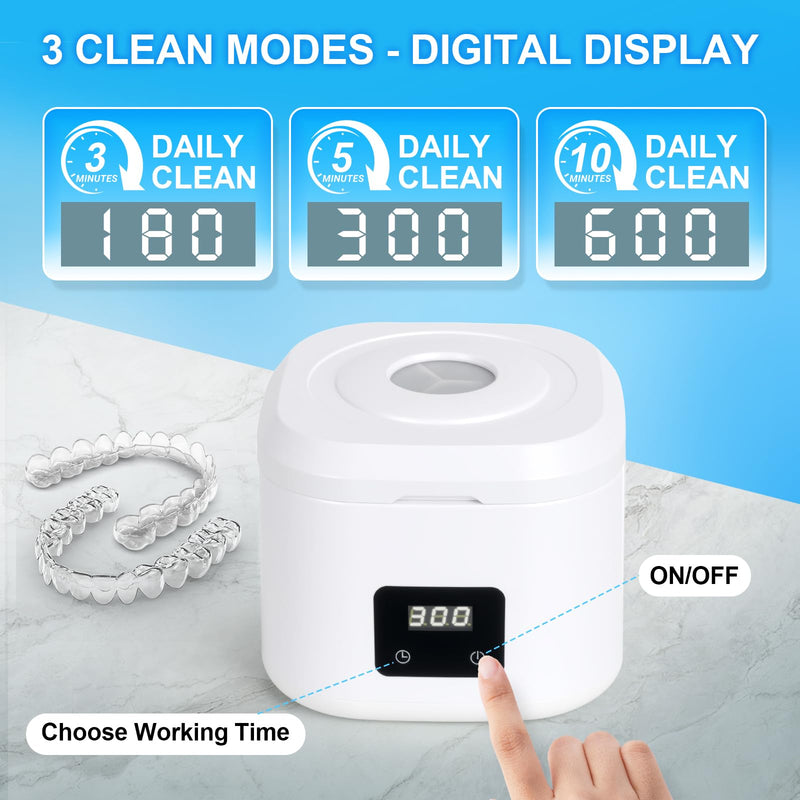 [Australia] - Retainer Ultrasonic Denture Cleaner Machine, 49kHz Dental Night Guard Cleaning Tablets Ultra Sonic Dental Tools for Aligner, Braces, Toothbrush Head & Jewelry with Digital Timer & 3 Mode White 