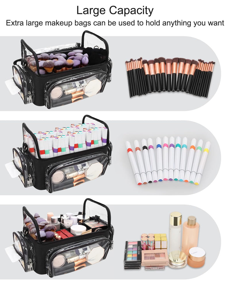 TANTO Makeup Brush Case, Clear Extra Large Cosmetic Organizer Holder Professional Makeup Artist Train Case with Adjustable Dividers&Strap Portable Makeup Brush Holder (02A-Black（XX Large）) A3-Black-Clear Style XX-Large