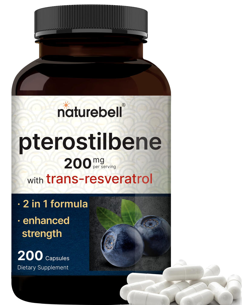 Pterostilbene with 98% Trans-Resveratrol, 200mg Per Serving, 200 Capsules | Naturally Sourced from Wild Blueberries – Antioxidant Supplement for Healthy Aging Support – Non-GMO