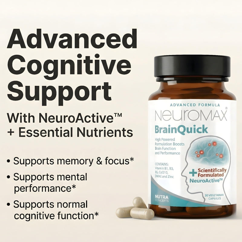BrainQuick, Brain Support, Vegetarian Supplement 30 Capsules – Made in UK, Natural Cognitive Support for Memory, Focus, Mental Clarity with NeuroActive, Vitamin B1 B3 B5 CoQ10 DMAE and Zinc