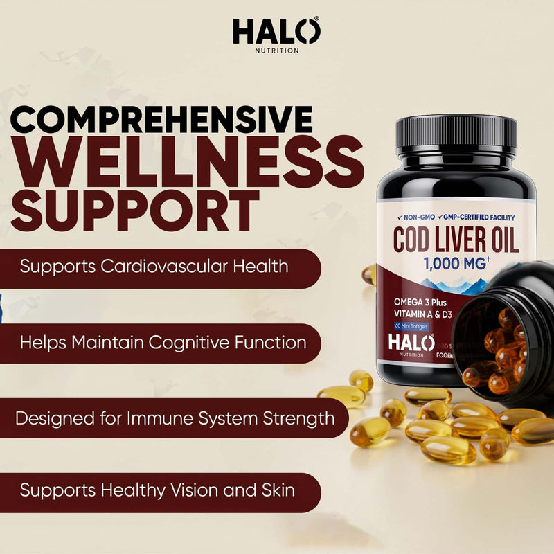 Cod Liver Oil Softgels 1000MG | Omega 3 + Vitamin A & D3 | Wild Caught Cod Liver Oil, Sustainable Sourced & Molecularly Distilled | EPA DHA Omega 3 Supplement for Bone, Eye & Immune Health | 60 Ct