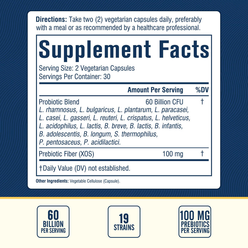 [Australia] - Probiotic 60 Billion 19 Strains with Organic Prebiotic for Men & Women, Digestive & Immune Health, Shelf Stable Delayed Release, Non-GMO No Dairy, 60 Vegan Caps 60 Billion CFUs for Men and Women 