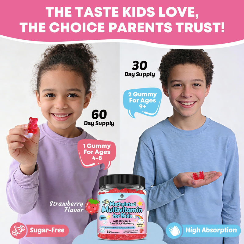 Kids Multivitamin Gummies with Omega-3 (Dha+Epa), Methylated B12, Folate | with B6, B2 & Elderberry, Vitamin D3, C, A, E, Zinc, Postbiotics, Choline | for Brain, Eye & Immune, Clean, 60 Cts 60 Count (Pack of 1)