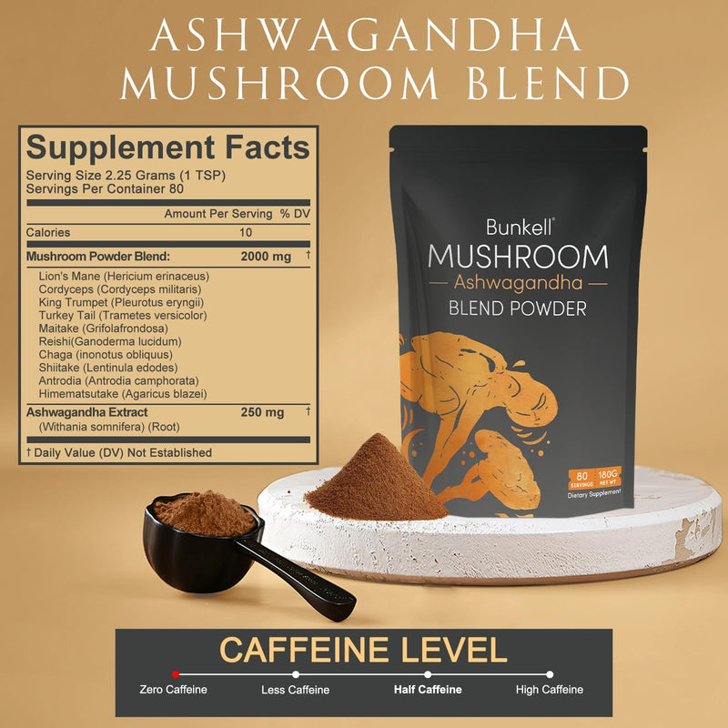 [Australia] - Ashwagandha Mushroom Powder, Adaptogenic 10 Mushrooms Complex w/ashwagandha - Lion's Mane, Reishi, Chaga & Maitake - Adaptogens Powder for Energy, Cognitive & Immune Support, 80 Servings 6.35 Ounce (Pack of 1) 