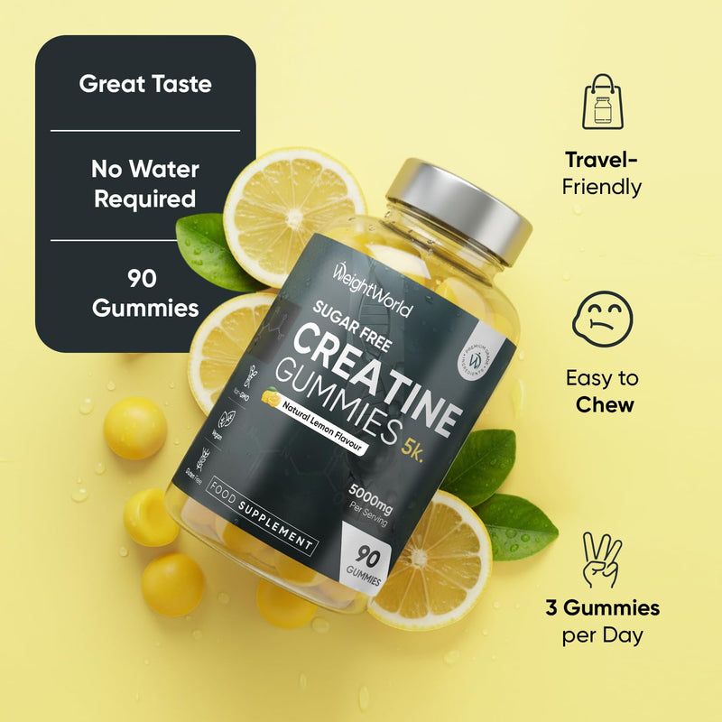 Creatine Gummies for Women & Men - 5000mg - Sugar-Free - 90 Gummies - Natural Lemon Flavour - Vegan-Friendly Creatine Monohydrate Supplement - 1 Month Supply - Non-GMO & Gluten-Free