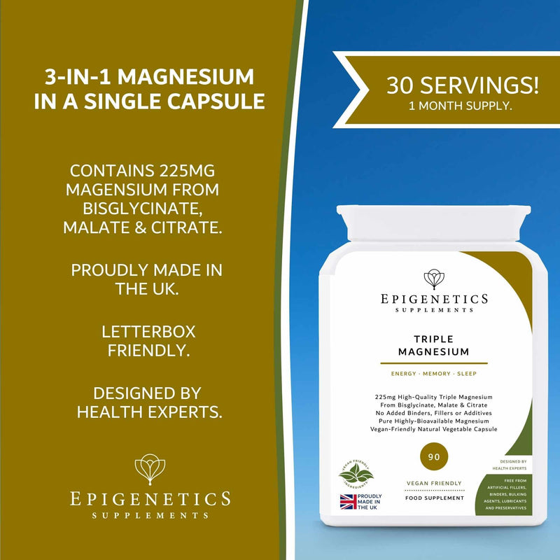 Triple Magnesium (3-in-1) | Premium Bioavailable Magnesium Bisglycinate, Malate & Citrate | UK Made | Life Energy | 90 Vegan Capsules | Long Supply by Epigenetics Supplements 90 count (Pack of 1)