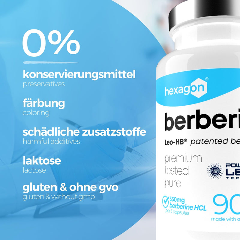 [Australia] - BERBERINE - LEO-HB® Patented, 4x higher bioavailability - Up to 3 months treatment - Berberine HCL - Berberis Aristata - Metabolism & Blood Sugar - Made in France - 90 capsules - Hexagon 