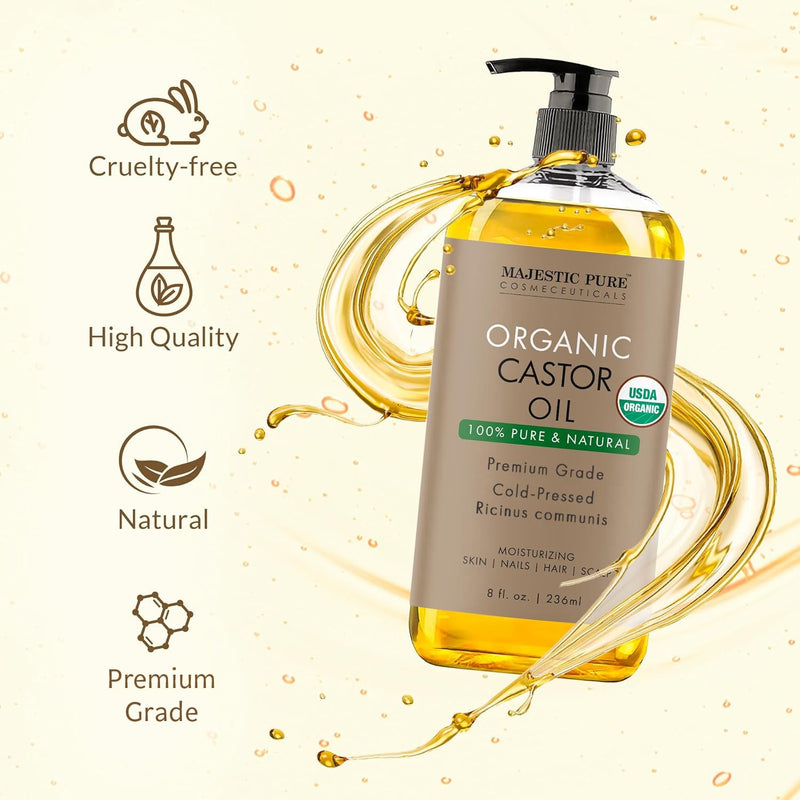 [Australia] - MAJESTIC PURE USDA Organic Castor Oil | Hexane Free & 100% Pure | Cold Pressed | Stimulate Growth for Hair, Eyelashes, Eyebrows, Nails | Body, Hair & Carrier Oil | 8oz 8 Fl Oz (Pack of 1) Castor Usda 