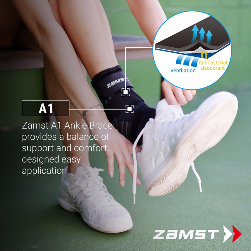 Zamst A1 Black Ankle Brace for Sports - Breathable Sports Ankle Support for Men and Women with Adjustable Three Way Straps for Moderate Lateral Ankle Sprain - Left, Medium Black - Left