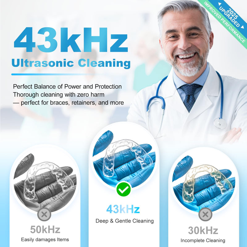[Australia] - Ultrasonic Retainer Cleaner for Dentures - Sonic Denture Cleaner Machine for Mouth Guard Retainer Washer Sliver Jewelry Ring Brace Toothbrush Head Jewelry 43kHz Dental Tools Black 