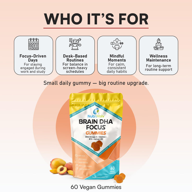 Brain DHA Focus Gummies | 60 Vegan Gummies | Omega 3 DHA from Algae Oil, Choline, B12, Iodine & K2 MK-7 | Peach & Mango Flavour | Brain & Cognitive Support | 30 Days Supply | UK Made | by NutriVolv