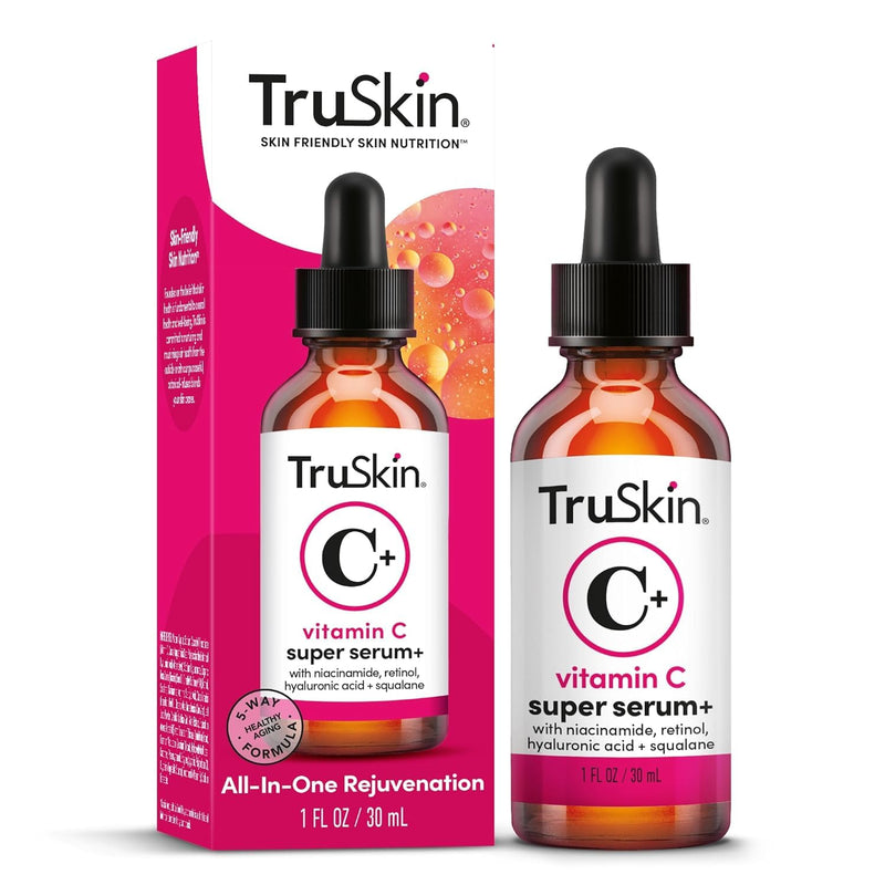 TruSkin Vitamin C Super Serum for Face, 5 Skin Benefits, 1 fl oz | Vitamin C, Retinol, Niacinamide, Hyaluronic Acid and Squalane to brighten, firm, smooth, hydrate, and refine skin 1 Fl Oz (Pack of 1)