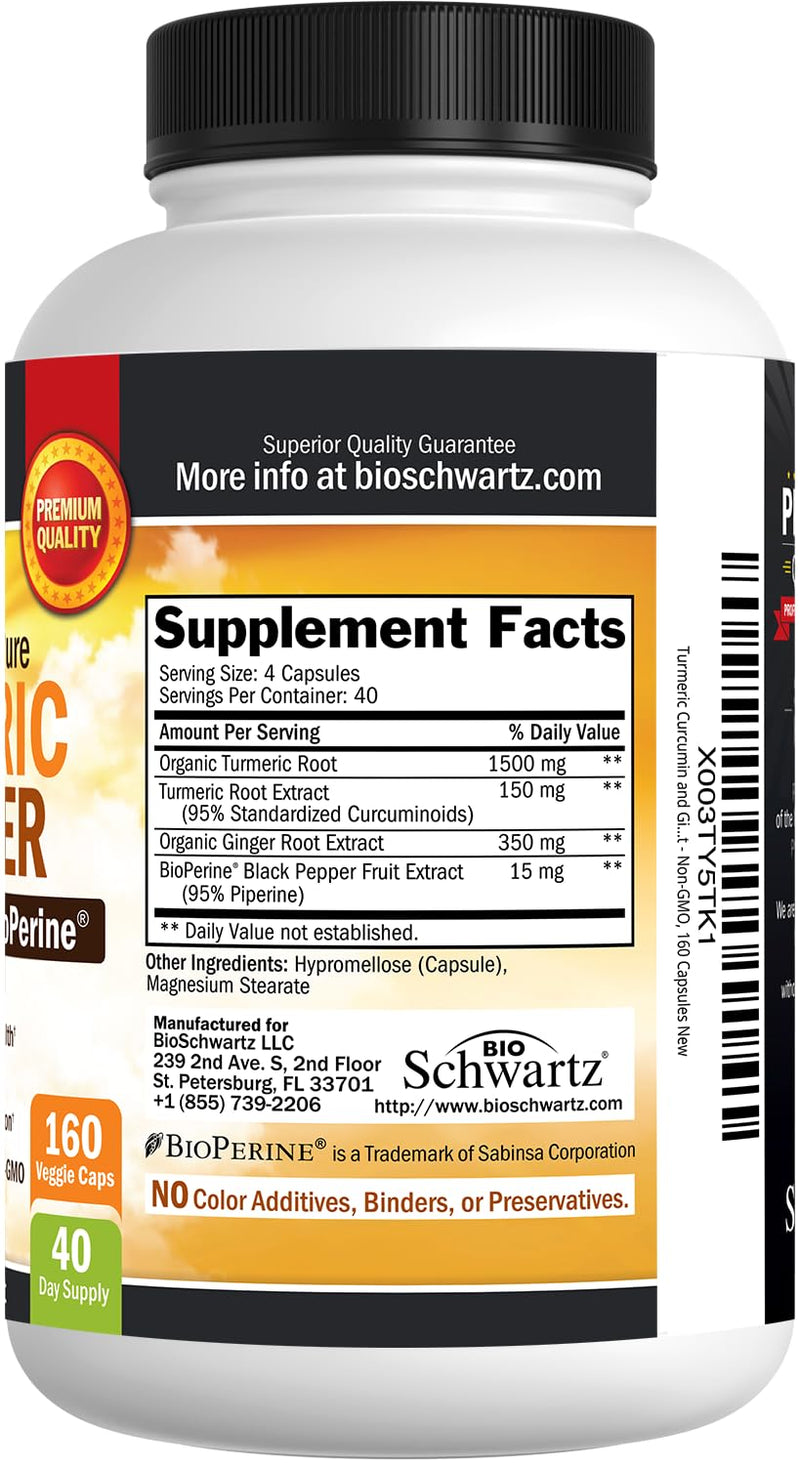 [Australia] - Turmeric Curcumin and Ginger 2000mg with BioPerine for Maximum Absorption, 95% Standardized Curcuminoids Natural Turmeric Supplement for Joint & Immune Support - Gluten-Free, No-GMO, 160 Capsules Turmeric Ginger Capsules 160 Count (Pack of 1) 