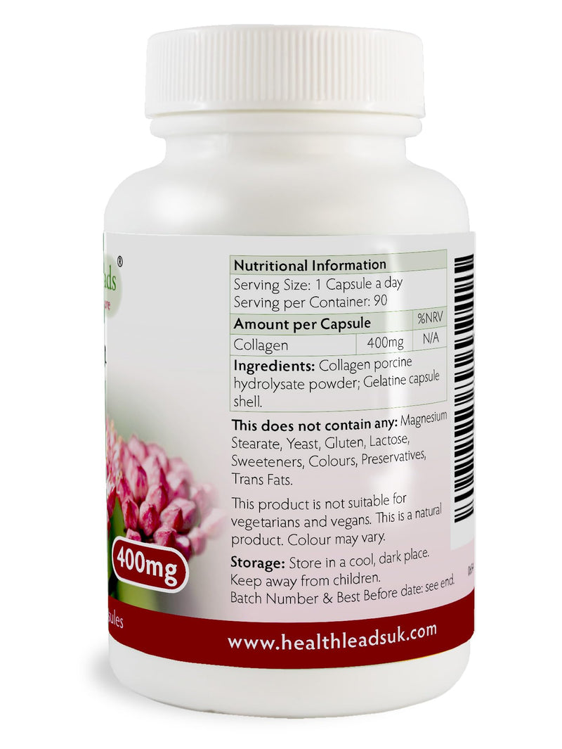 High Strength Collagen 400mg 90 Capsules, 3 Months Supply, Premium Hydrolysed Porcine Powder, Wrinkles, Hair, Skin, Nails & Joints, Magnesium Stearate Free & No Nasty Additives, Made in Wales
