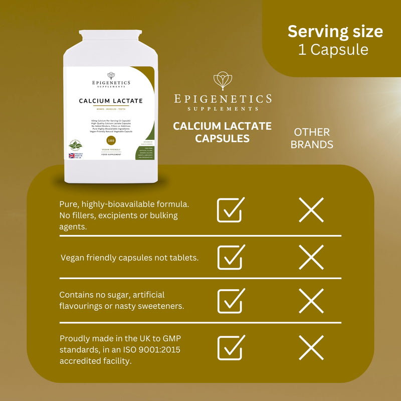 Calcium Lactate | Calcium 60mg Pure Capsule | Bone & Skeletal Health | 180 Vegan Capsules UK Made | 1 Capsule Daily (6 Month Supply), Natural Ingredients
