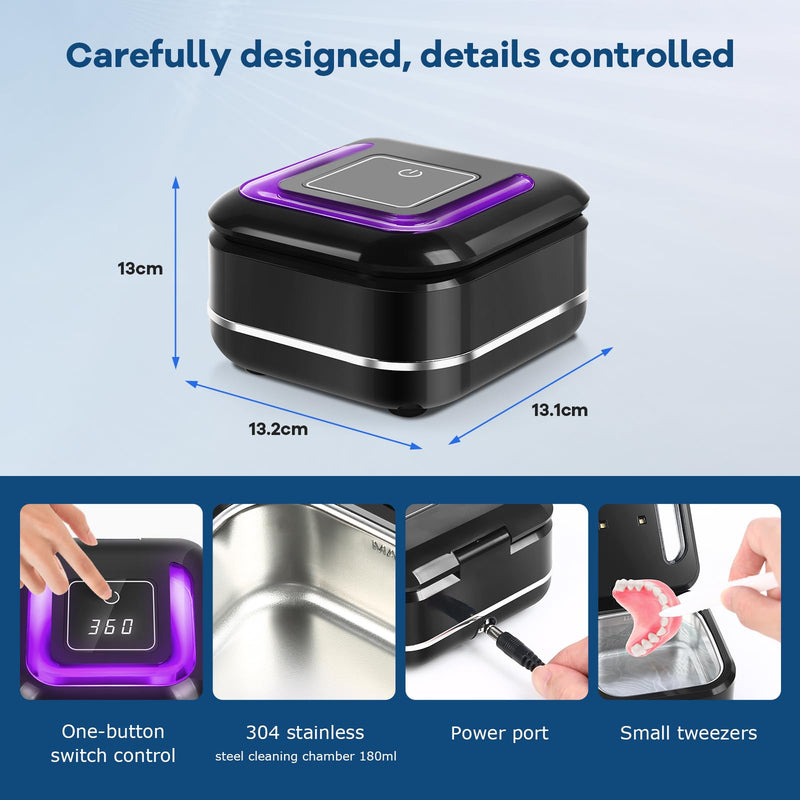 [Australia] - Ultrasonic Retainer Denture Cleaner Machine for Night Guards, Mouth Guards, Jewelry, Braces, 28W Dental Cleaning Pod with Digital Timer, Dual Cleaning Mode, 42kHz, 180ML Black 