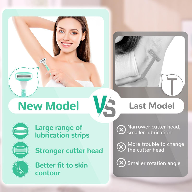 Razors for Women Include 2 Non-Slip Handles and 14 Blade Refills with a Shower Holder, 5 Premium Blades Women's Razors for Shaving with 360° Lubrication Reduces Irritation, Green
