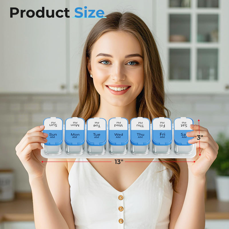 Odaro Extra Large Weekly Pill Organizer 7 Day AM PM, Blue | XL Jumbo Medicine Pill Box 2 Times A Day, Holds Daily Medicine Vitamin & Supplements, Big Font，Removable Slots, Easy Open