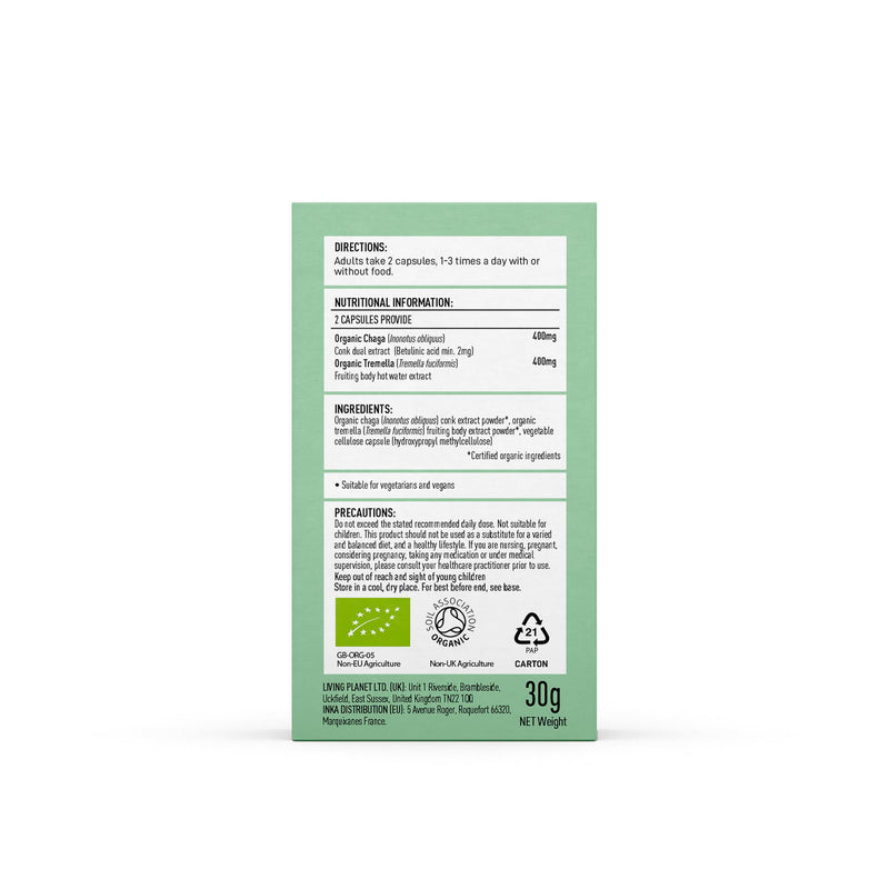 Organic Myco Beauty Tremella + Chaga Mushroom Super Blend (6 Mushroom Blend)| 60 Caps or 60g Powder - Mushroom Superfood Supplement - Pure Grade Extracts, No Binders (60 Caps)