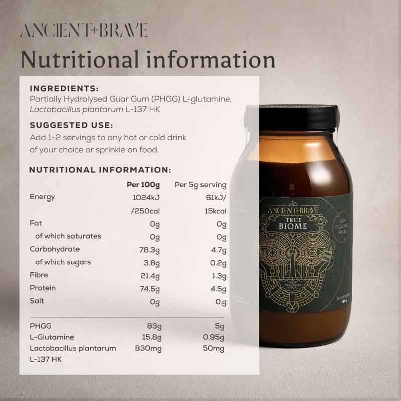 Ancient + Brave True Biome Fibre & Gut Health Powder – Prebiotics, Postbiotics & L-Glutamine – PHGG Soluble Fibre for Digestive Health, Microbiome Balance 180g Jar
