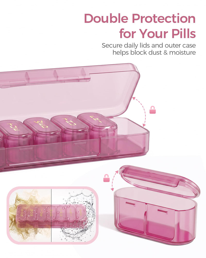 XL Weekly Pill Organizer Once a Day, 7 Day Pill Case with Large Capacity | Portable Travel Medicine Box with Removable Daily Compartments, Easy to Use, Bold Label, for Vitamin, Supplement, Pink Purple