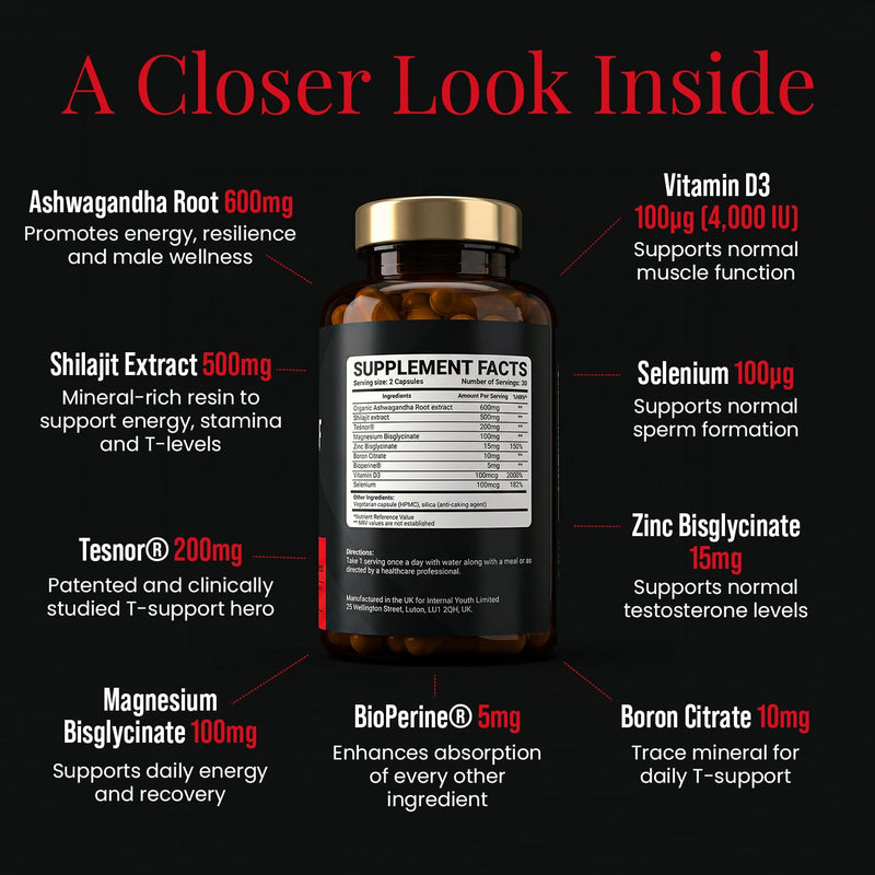 High Strength Testosterone Supplements for Men - Patented Tesnor®, Shilajit, Ashwagandha & Zinc - 9 Science-Backed Ingredients - 1430mg per Serving - Made in UK - 30-Day Supply - His Prime