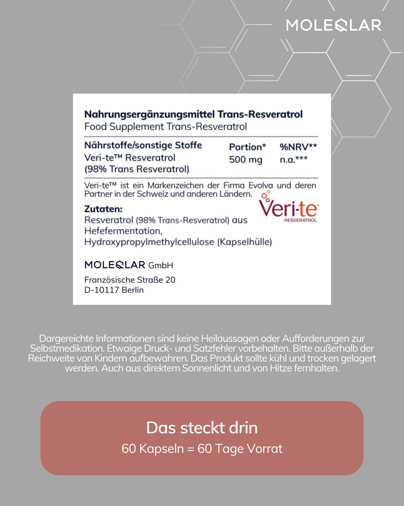 MoleQlar Trans-Resveratrol 60 Capsules – Dietary Supplement from Yeast Fermentation – 500 mg per Serving – Easy Daily Use – Ideal for Individual Supplement Intake