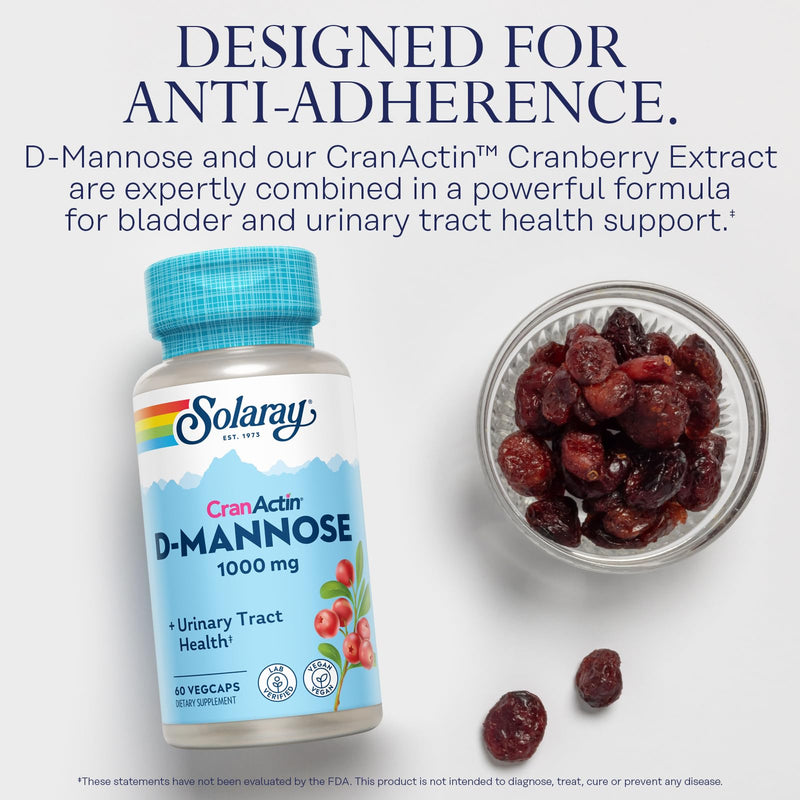 [Australia] - Solaray D-Mannose 1000mg with CranActin Cranberry Extract - D Mannose Cranberry Supplement with Vitamin C - Supports Urinary Tract and Bladder Health - Vegan, 60 Day Guarantee, 30 Servings, 60 VegCaps 60 Count (Pack of 1) 