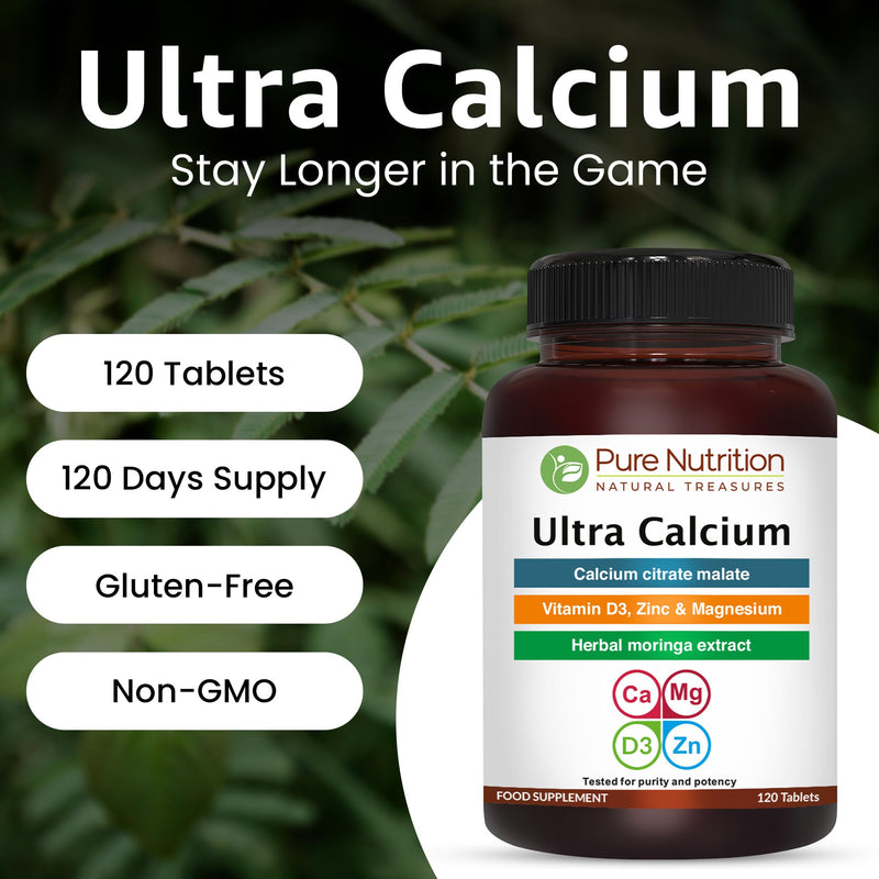 Pure Nutrition Ultra Calcium 1000mg with VIT D3 + K | 120 Tab | Highly absorbable Supplement with Calcium Citrate Malate, VIT D3, K, Moringa Oleifera, Magnesium and Zinc. 120 count (Pack of 1)