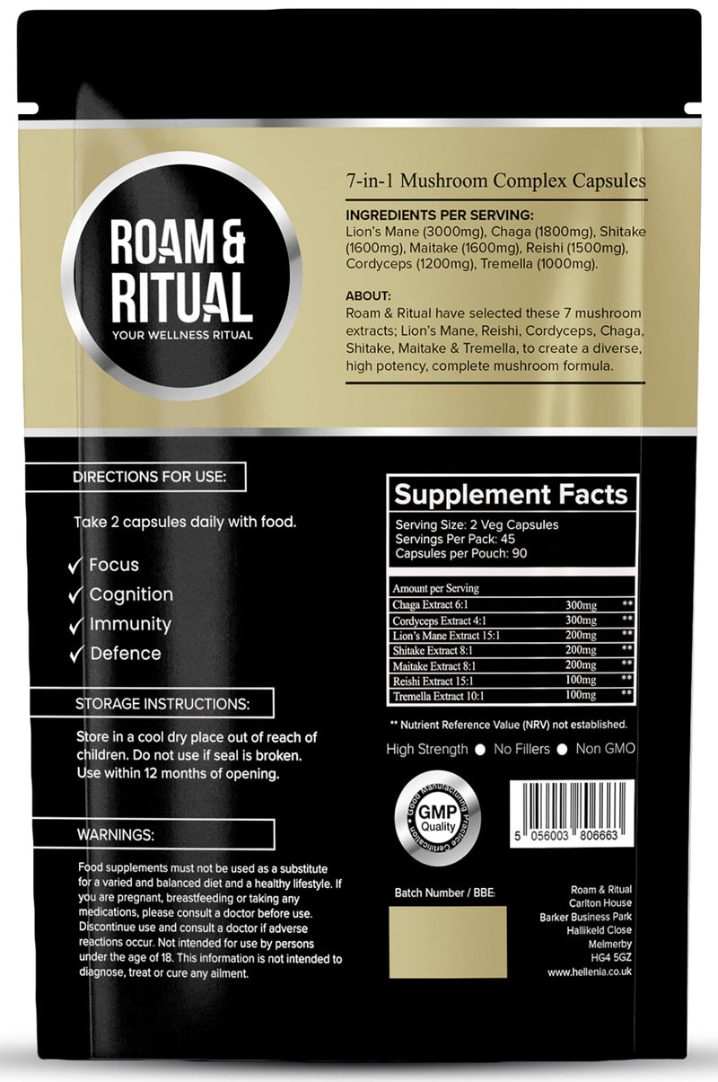 Mushroom Complex Capsules 11,700mg per Serving - Lion’s Mane, Reishi, Cordyceps, Chaga, Shiitake, Maitake & Tremella for Focus, Immunity & Defence | 90 Capsules UK Made by Roam & Ritual™