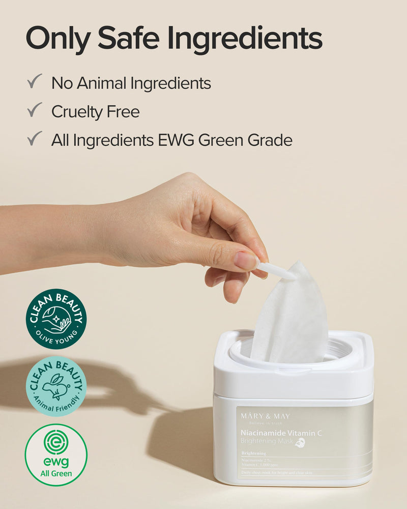 Mary&May Niacinamide + Vitamin C Daily Sheet Mask, 30 Sheets Pull-Out | Korean face mask, 2% niacinamide + 1,000 ppm stable vitamin C + six hyaluronic acids for the look of dark spots & dull skin Niacinamide Vitamin C