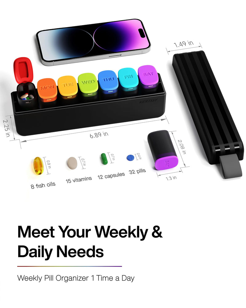 Weekly Pill Organizer 1 Time a Day - Travel Pill Box 7 Days, Large Medicine Pill Case Container for Daily Medication Vitamin Supplement Fish Oil, Portable Week Pills Organizers Holder Dispenser, Black Translucent-black