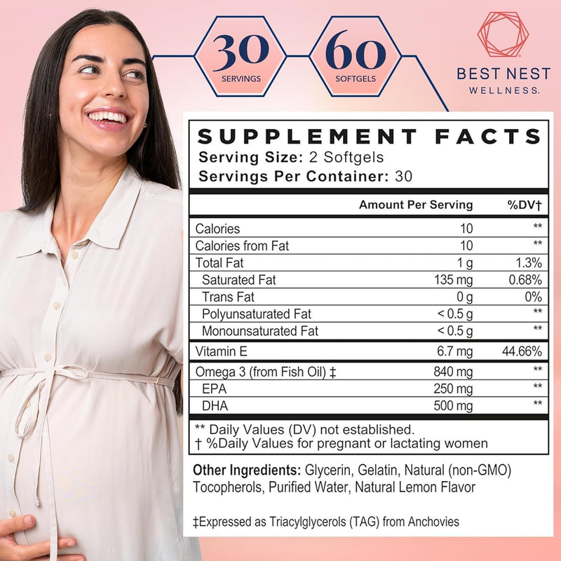 [Australia] - Best Nest Wellness Mama Bird Prenatal DHA Vitamin, Prenatal Omega 3 DHA Supplements, Supports Baby's Brain & Eye Development, 500 mg Triglyceride Fish Oil, Easy to Swallow Lemon Flavor Softgels, 60 Ct Fish Oil DHA 
