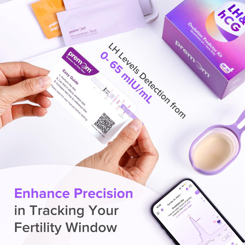 Premom Quantitative Ovulation & Pregnancy Test Kit: 40 LH Strips + 10 HCG Strips + 2 Reusable Urine Cups | at-Home Fertility Test for Women | Smart Digital Ovulation Reader App