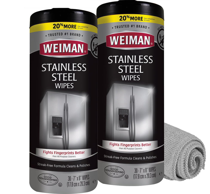 Weiman Stainless Steel Cleaner and Polish Wipes Bundle with Microfiber Cloth-Removes Fingerprints, Water Marks and Grease from Appliances - Works Great on Refrigerators, Ovens, and Grills 30 Count (Pack of 2)