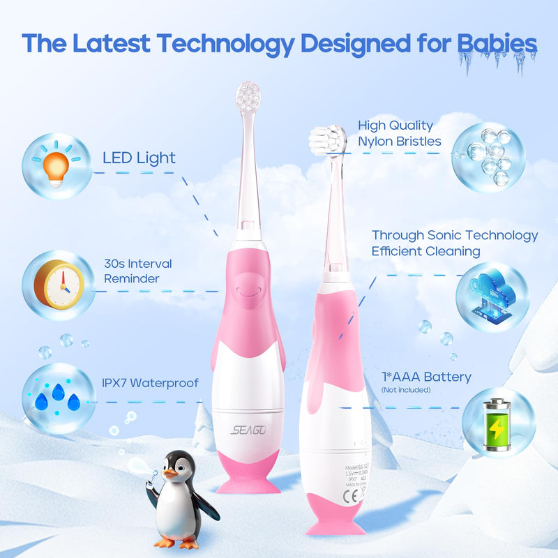SEAGO Toddler Electric Toothbrushes for Baby Ages 0-3 Years, Baby Toothbrush with Smart Timer and Suction Base, 4 Replacement Brush Heads SG-513(Pink-C) Pink-c