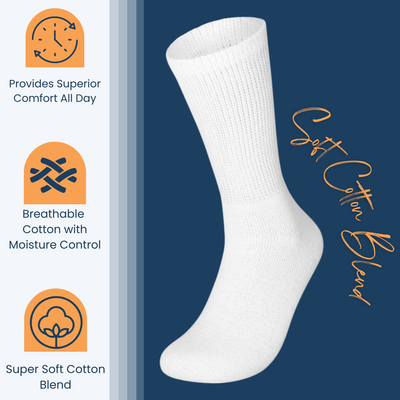 [Australia] - 6 Pairs Non-Binding Cotton Diabetic Crew Socks With Extra Wide Top For Men and Women Large White 